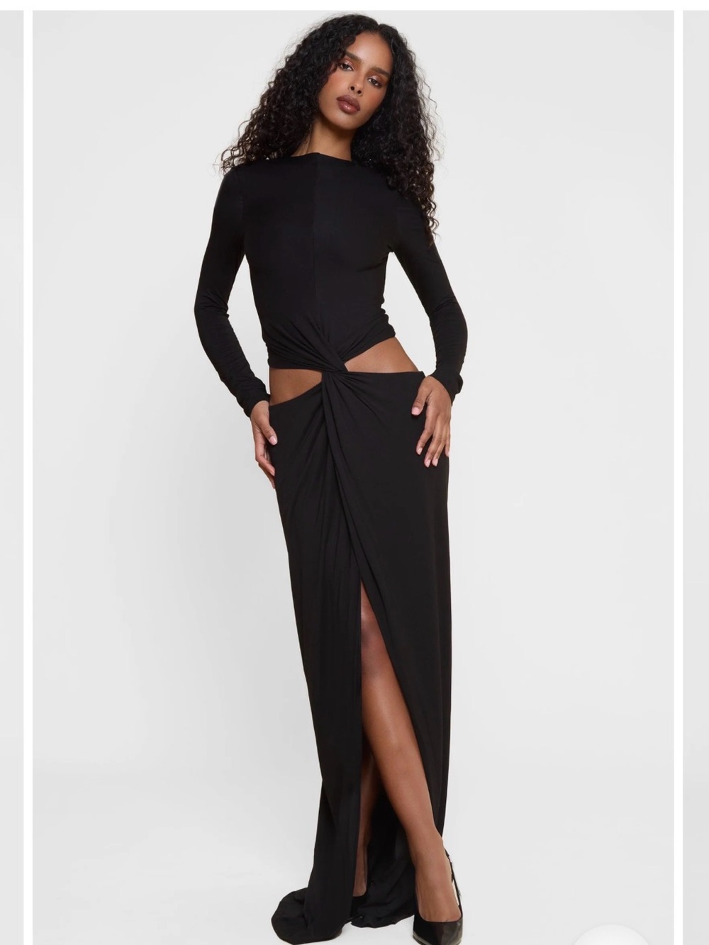 LEAU Vacanza Drape Gown Black Size S Cutout Long Sleeve Maxi Formal Dress